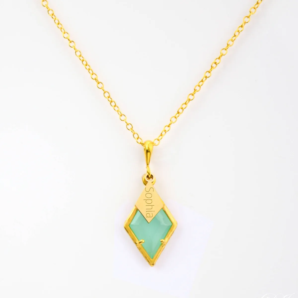 Diamond Shaped Birthstone and Name Necklace : March Aqua Chalcedony