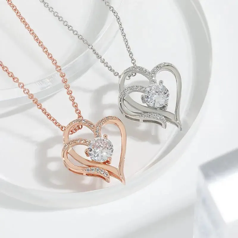 Double Heart Zircon Pendant Necklace