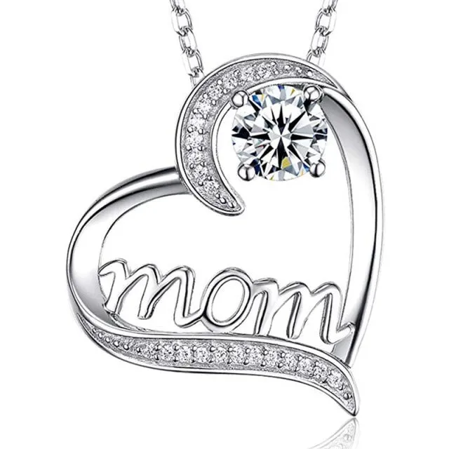 Fashion Jewelry MOM Letter Heart Pendant Necklace for Mother with Zircon in Silver Color