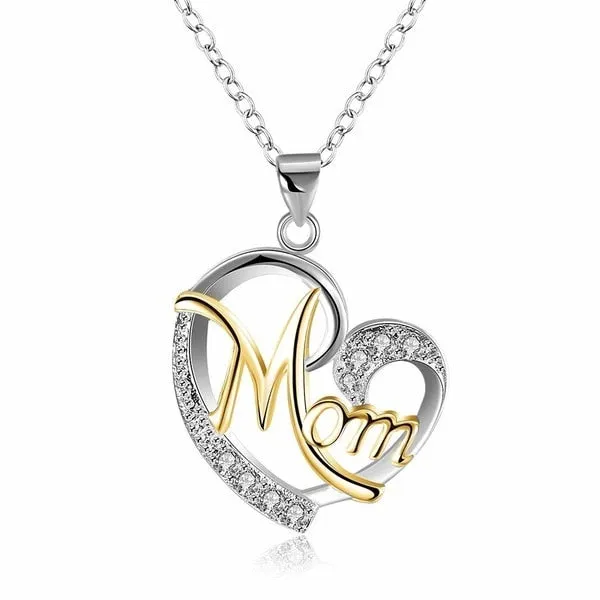 Fashion Jewelry MOM Letter Heart Pendant Necklace for Mother with Zircon in Silver Color