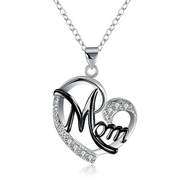 Fashion Jewelry MOM Letter Heart Pendant Necklace for Mother with Zircon in Silver Color