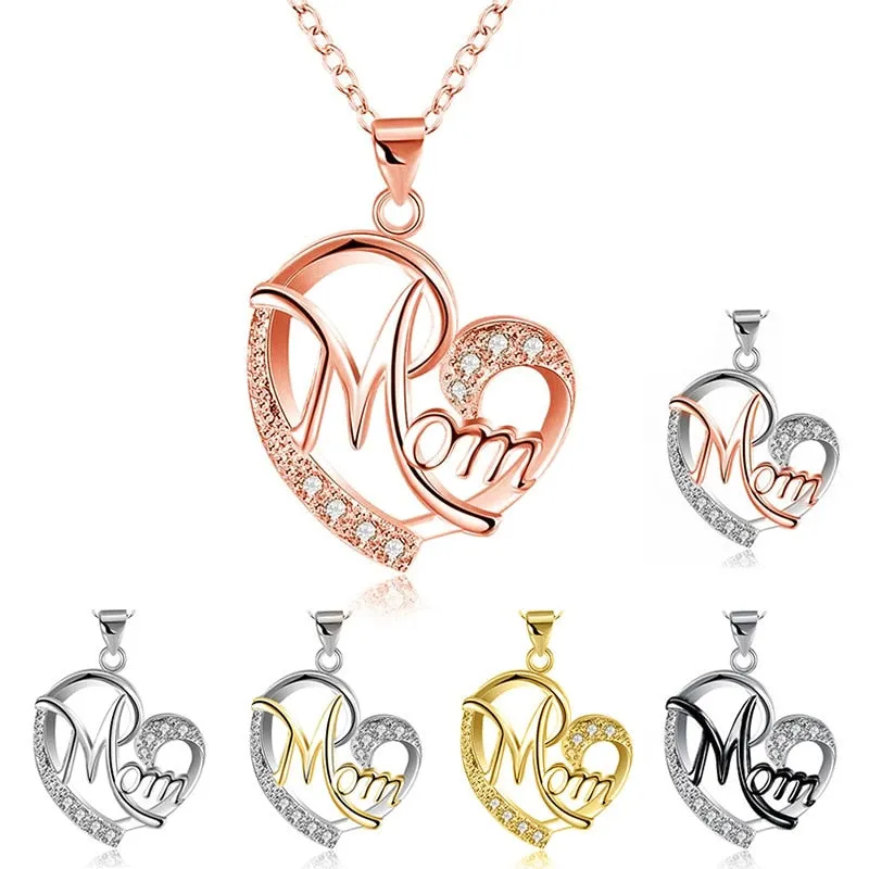 Fashion Jewelry MOM Letter Heart Pendant Necklace for Mother with Zircon in Silver Color