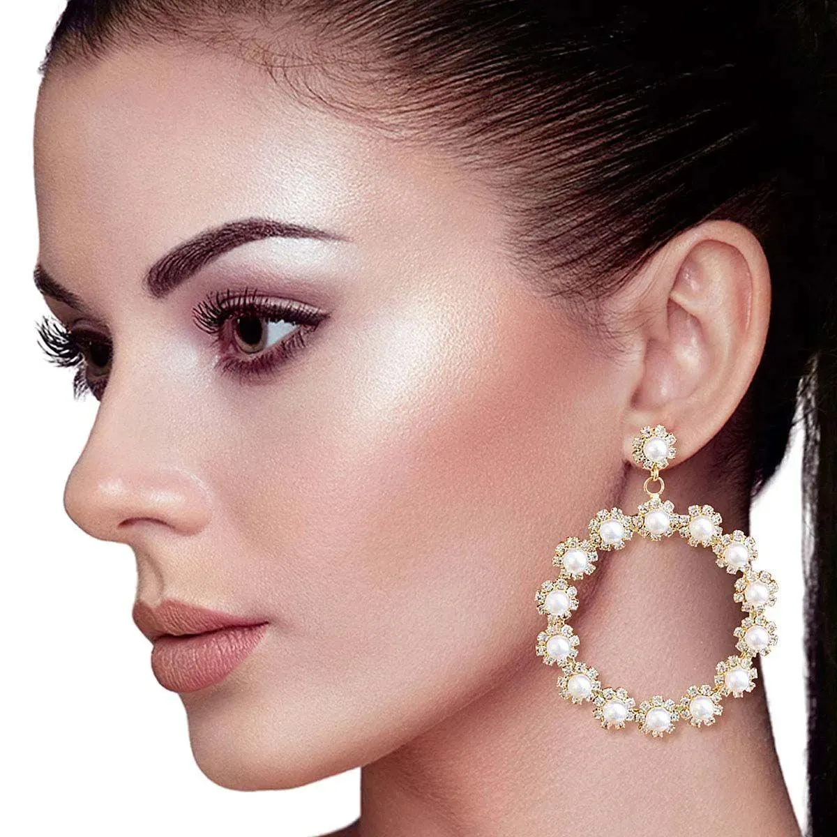 Faux Pearl Statement Hoop Earrings Gold Plated