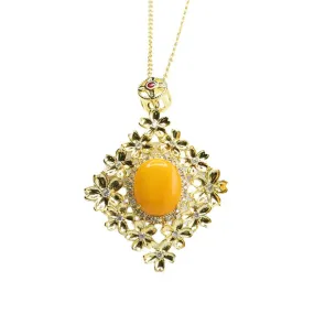 Floral Beeswax Amber Pendant Necklace with Sterling Silver Chain