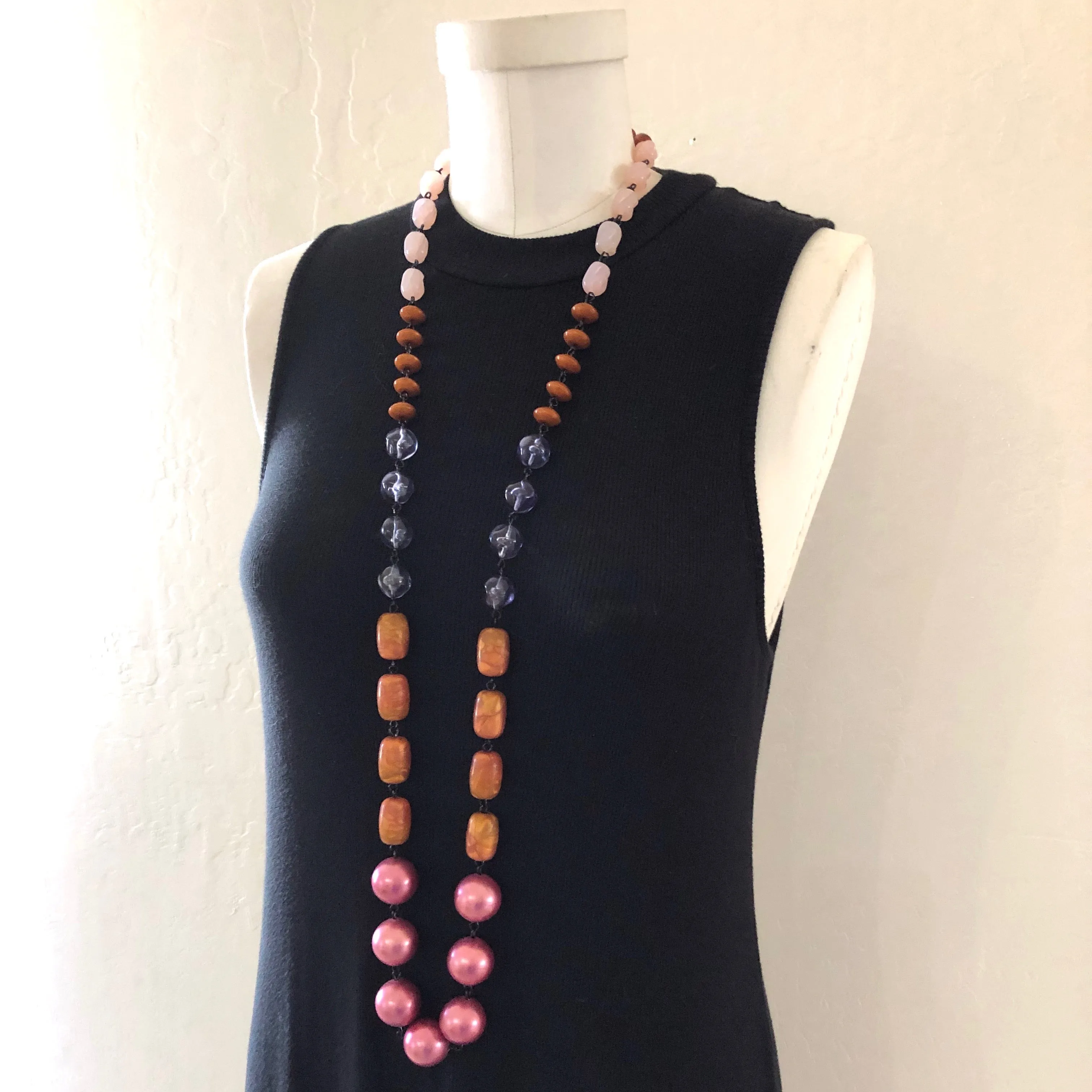 Fuchsia Pearls Beaded Rosary Chain Rope Necklace