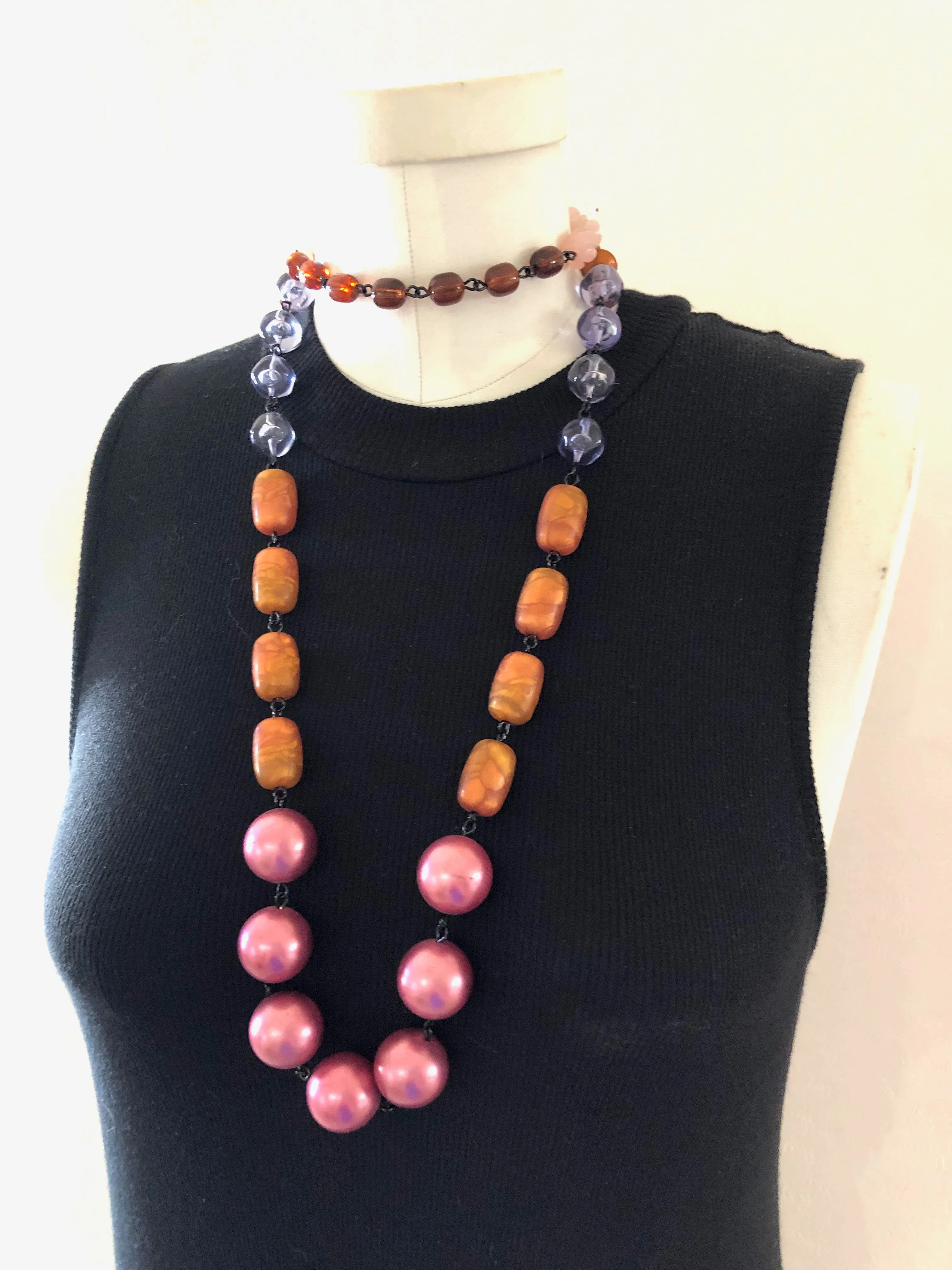 Fuchsia Pearls Beaded Rosary Chain Rope Necklace