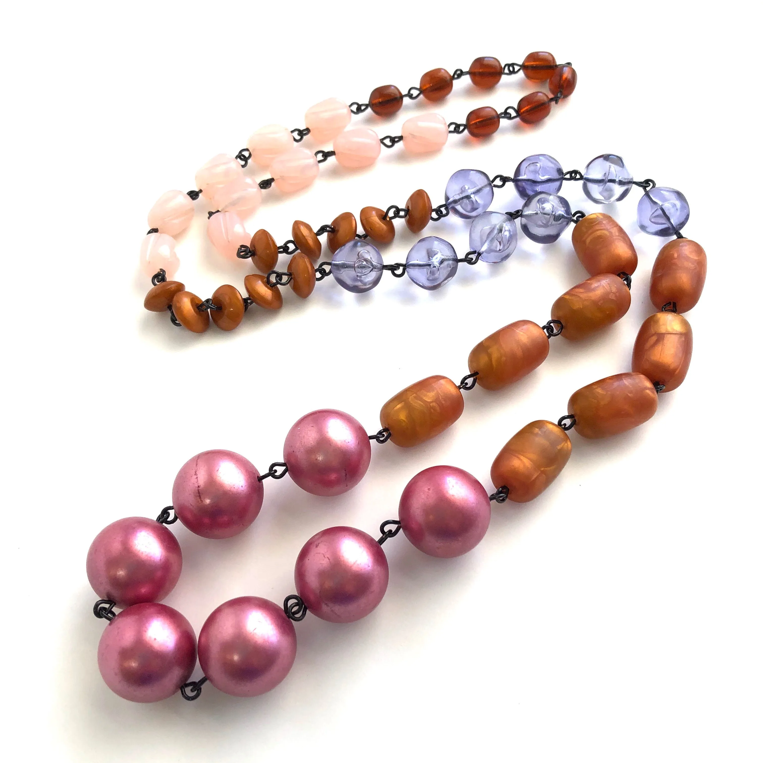 Fuchsia Pearls Beaded Rosary Chain Rope Necklace