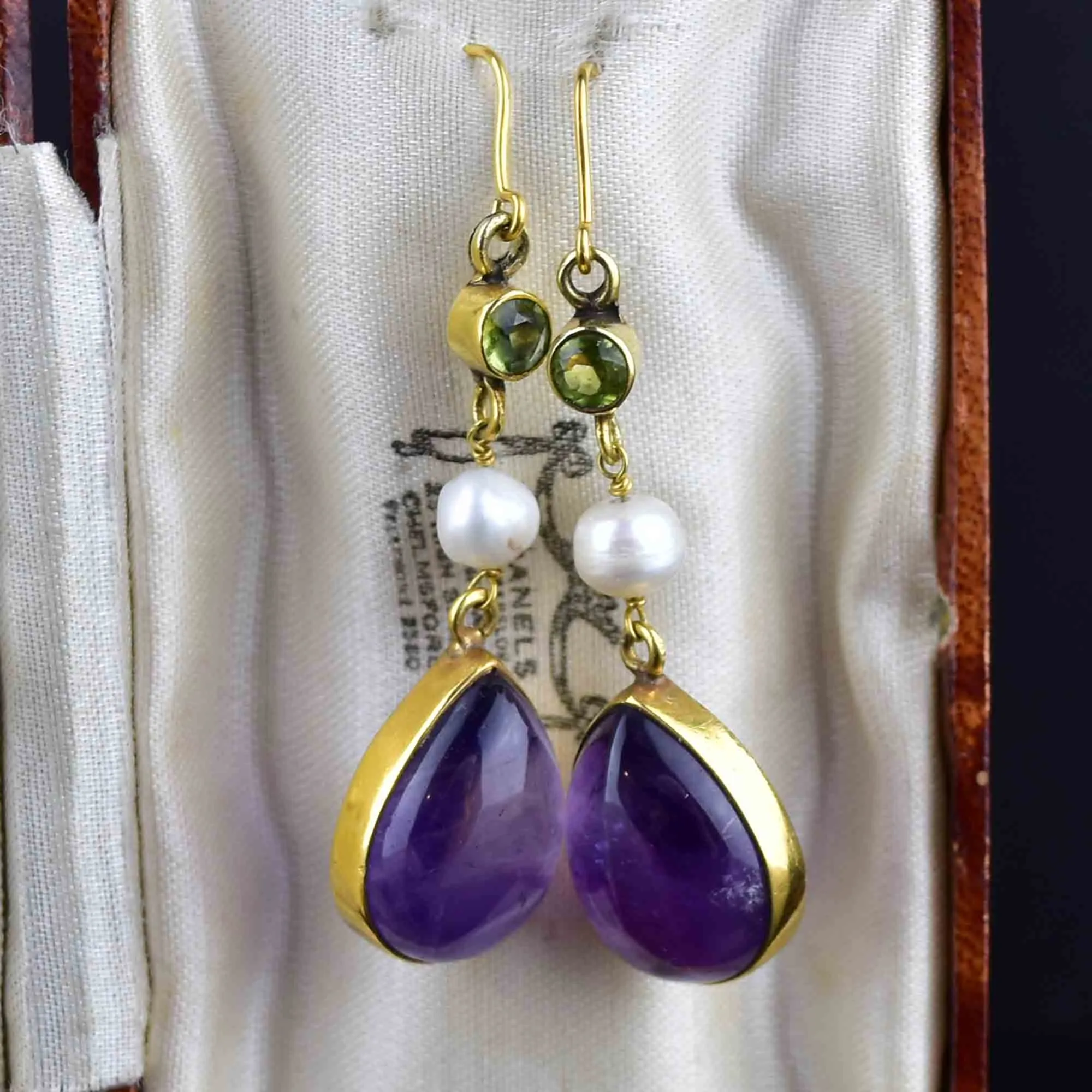 Gold Peridot Pearl Amethyst Suffragette Earrings