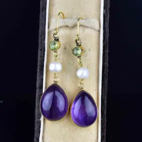 Gold Peridot Pearl Amethyst Suffragette Earrings