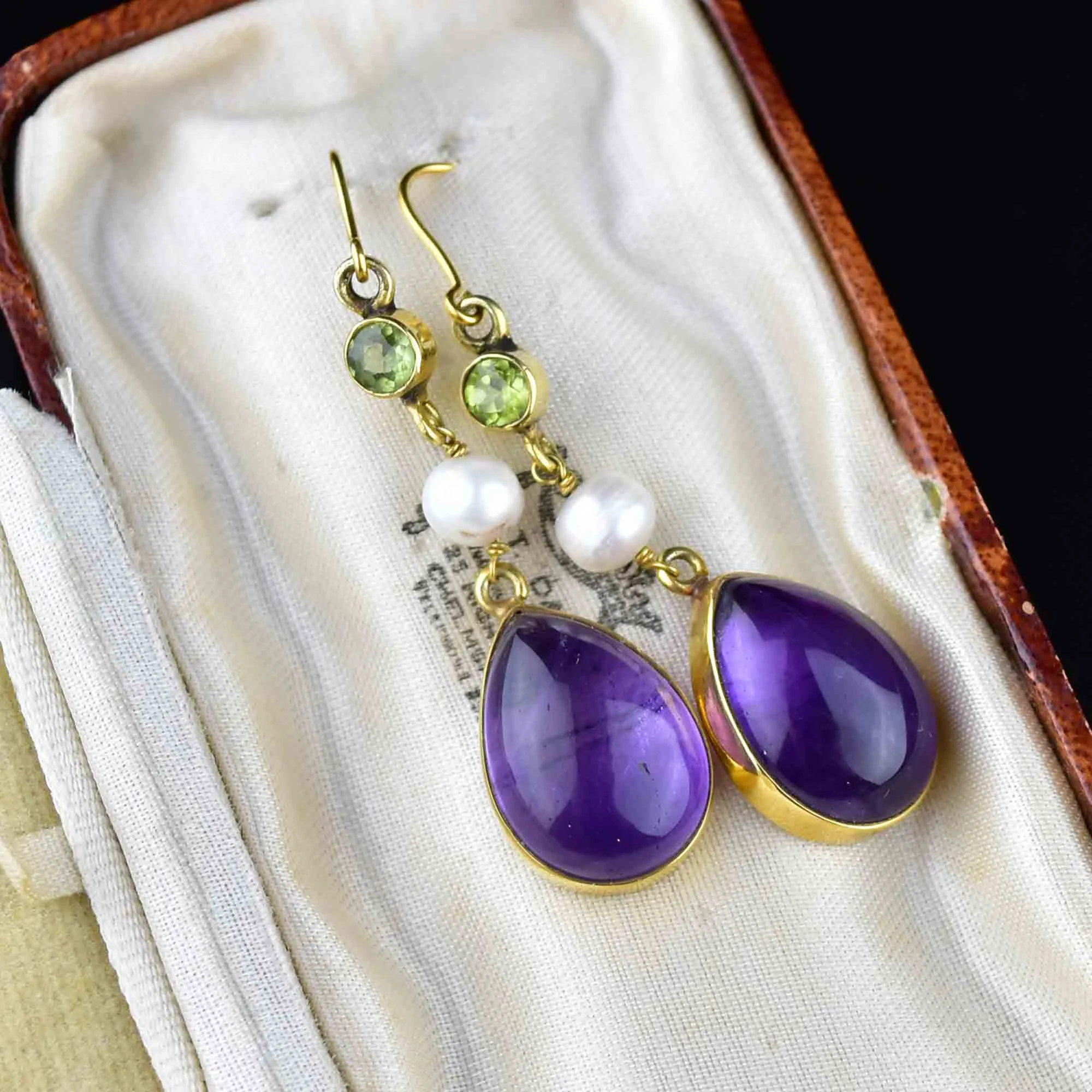 Gold Peridot Pearl Amethyst Suffragette Earrings