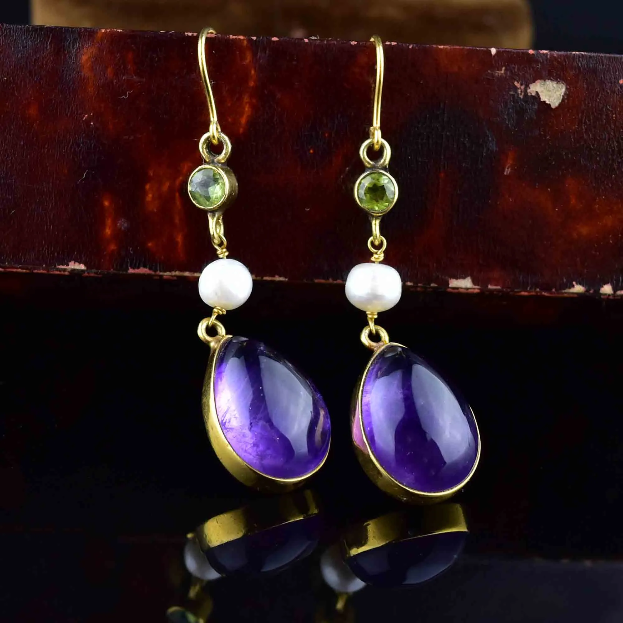 Gold Peridot Pearl Amethyst Suffragette Earrings