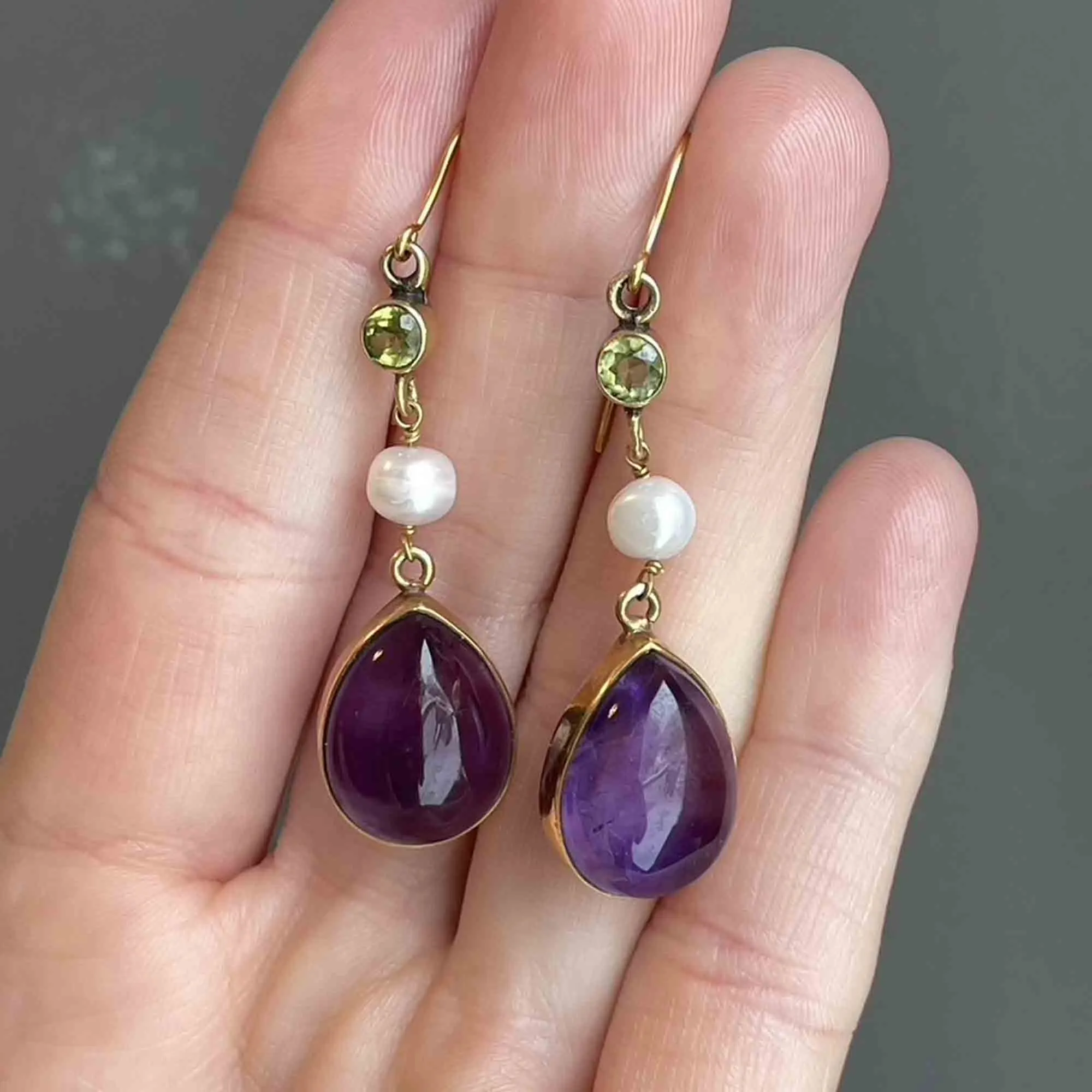 Gold Peridot Pearl Amethyst Suffragette Earrings