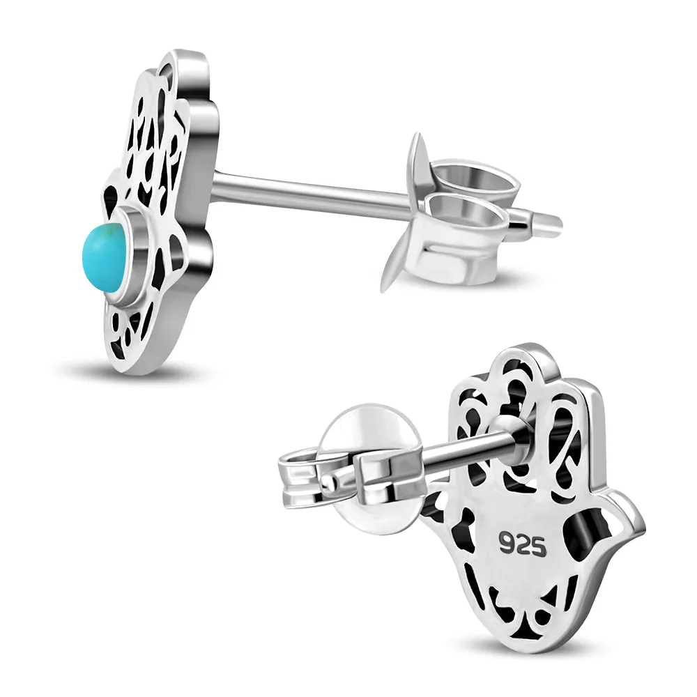 Hamsa Stud Silver Earrings set w/ Turquoise