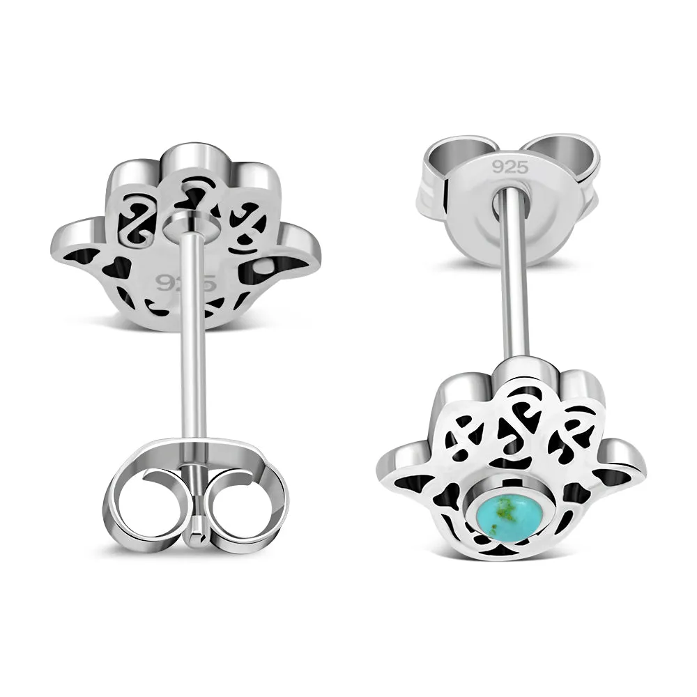 Hamsa Stud Silver Earrings set w/ Turquoise