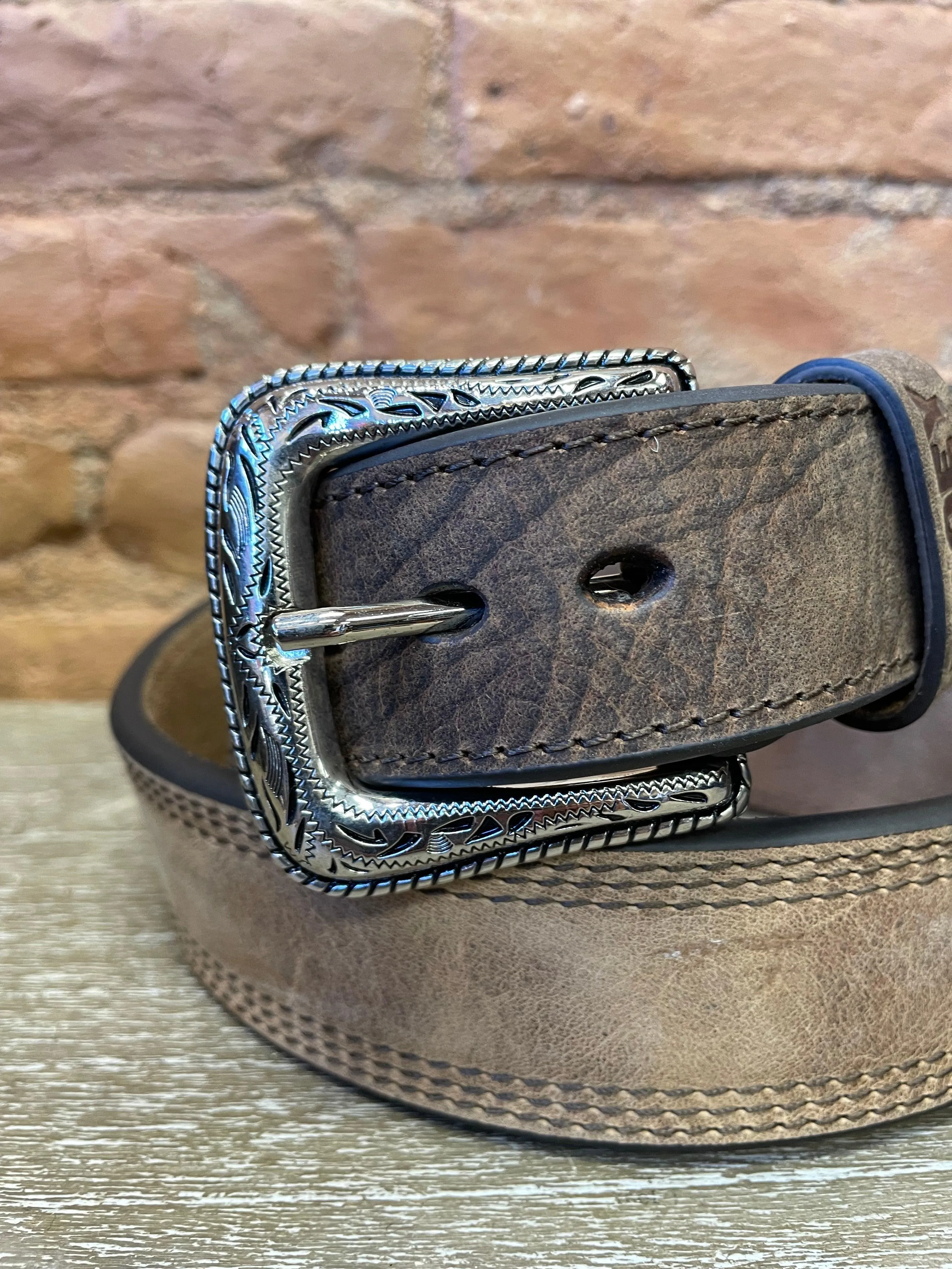 Hooey Gibson Tan and Brown Tapered Stitch Accent Leather Belt HMBLT018