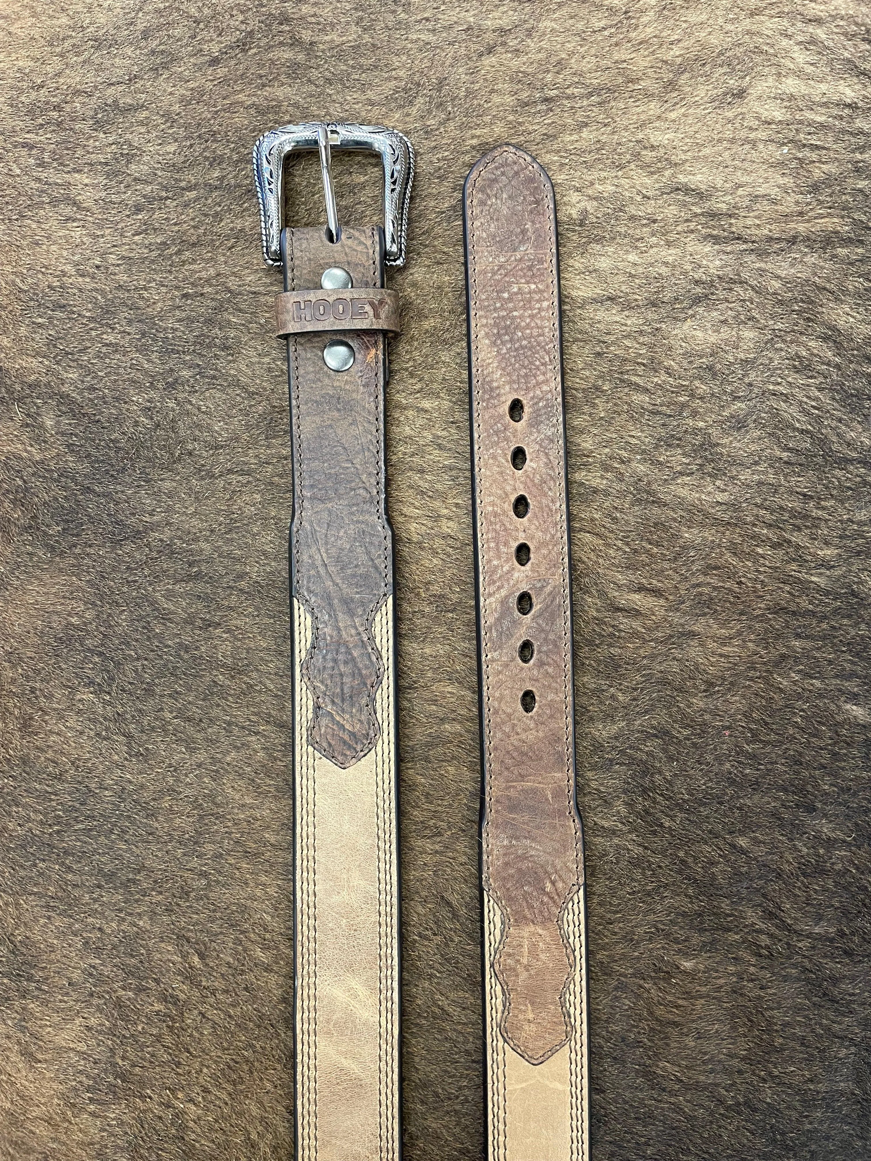 Hooey Gibson Tan and Brown Tapered Stitch Accent Leather Belt HMBLT018