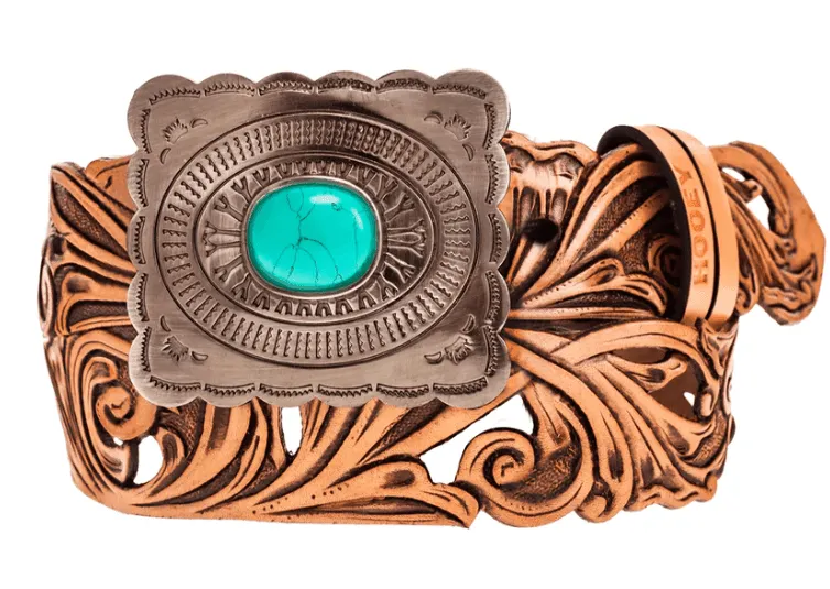 Hooey Rogue Tan Hand Tooled Filagree Faux Turquoise Buckle Leather Belt HWBLT030