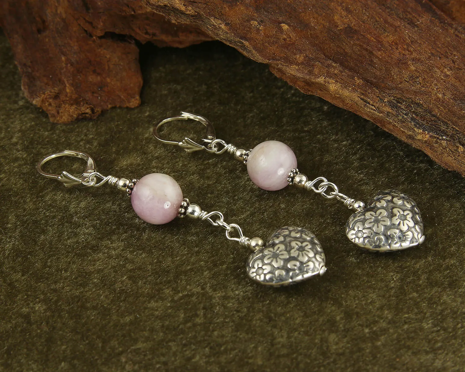 Kunzite Gemstone Heart Beaded Earrings