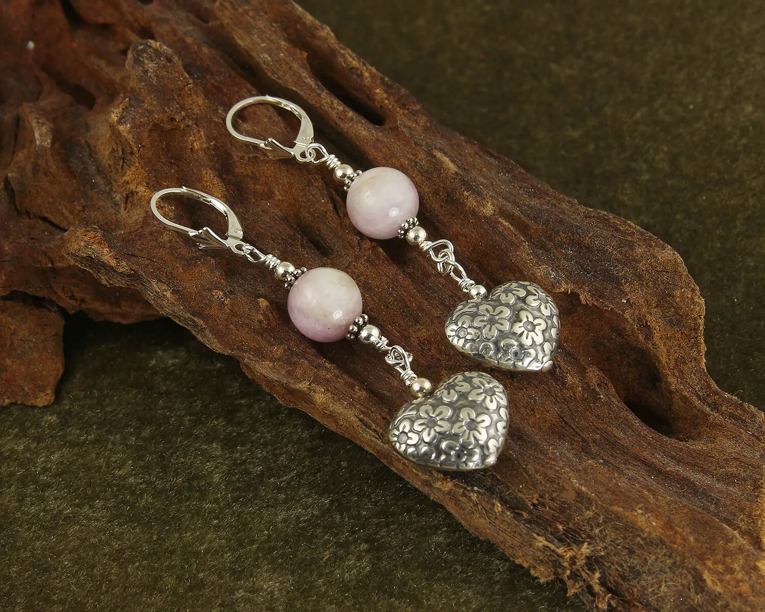 Kunzite Gemstone Heart Beaded Earrings