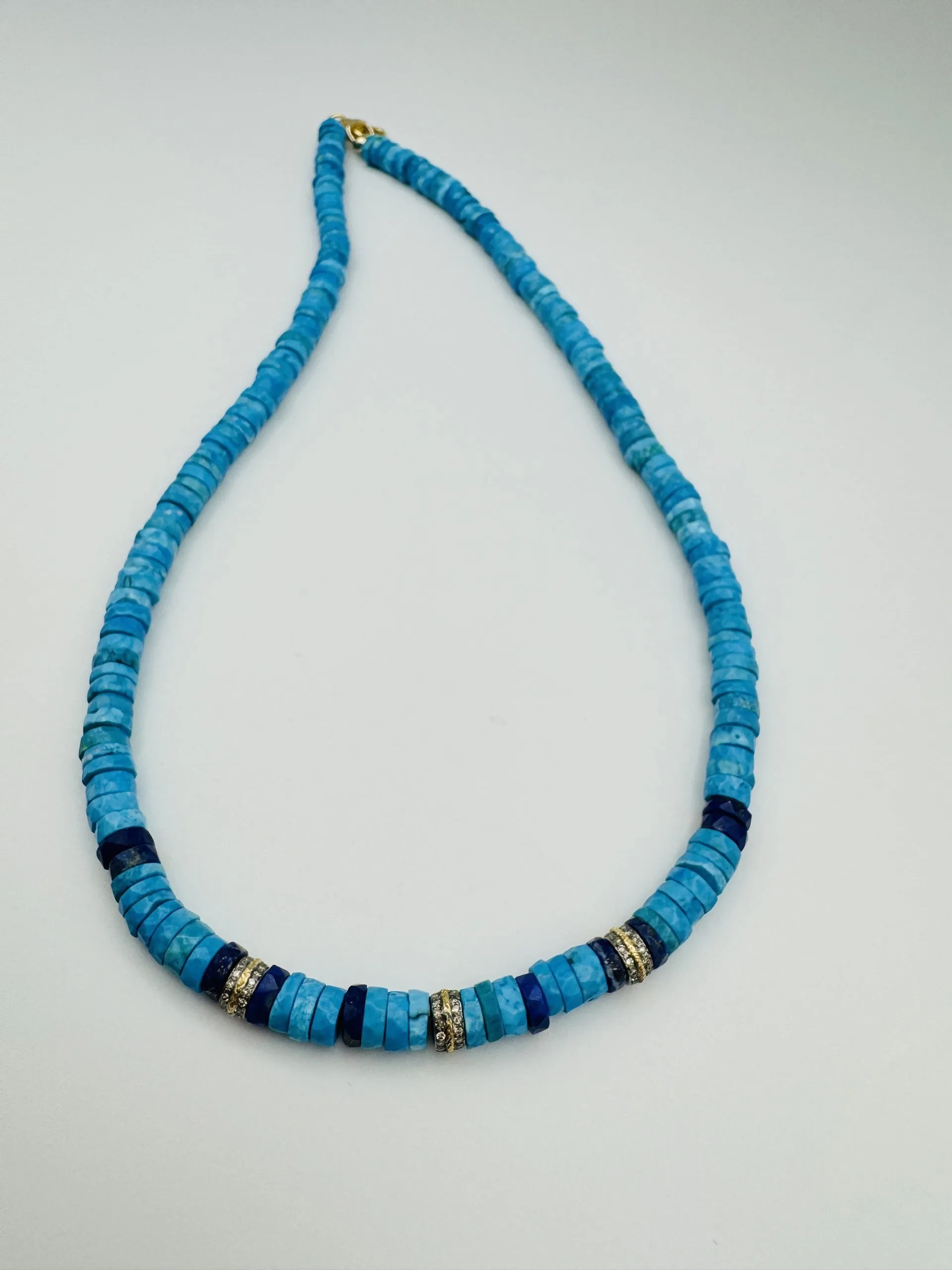 LAPIS & TURQUOISE HEISHI NECKLACE WITH DIAMOND AND 14K DOUBLE RHONDELS