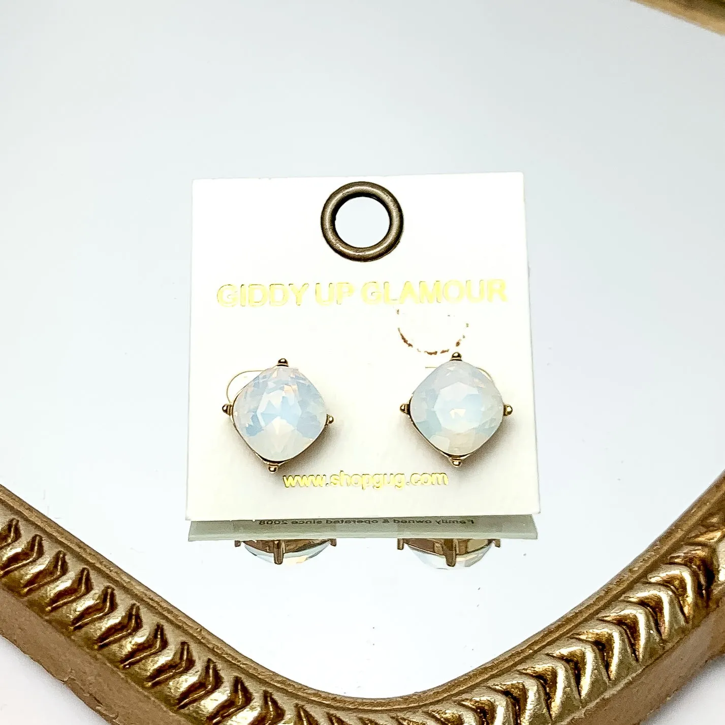 Large Crystal Stud Earrings in White Opal