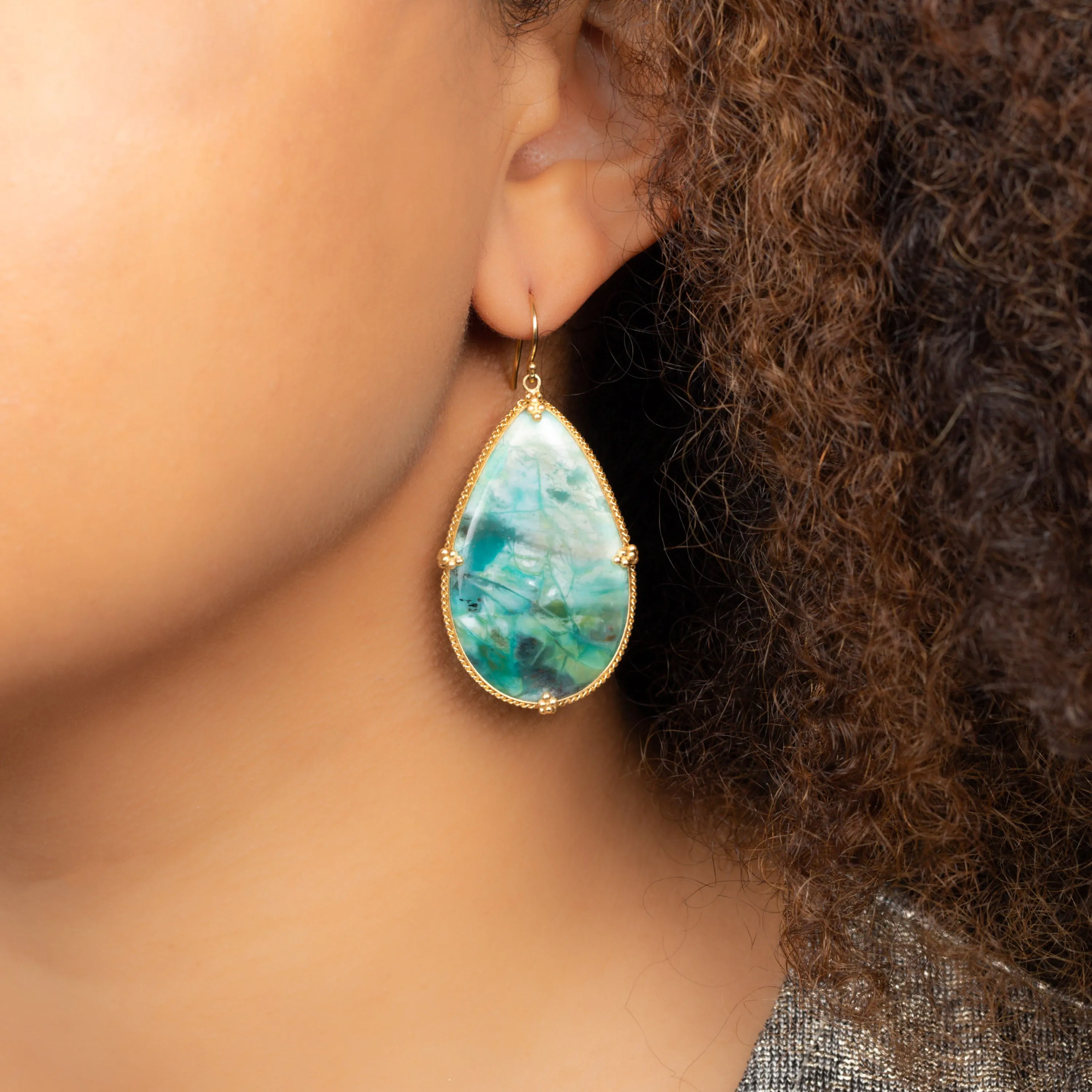 Large Petrified Wood and Blue Opal 18k One-of-a-Kind Earrings