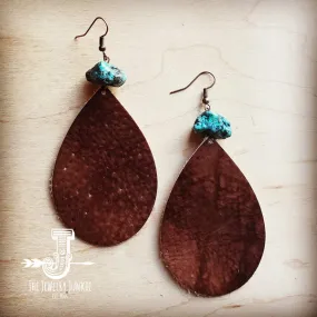 Leather Teardrop Earrings in Brown with Natural Turquoise Chunk