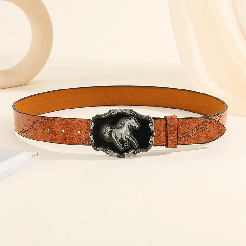 Men's Classical Silver Running Horse Buckle Leather Belt