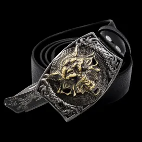 Men's Gold Wolf Head Leather Belt With Folding Knife