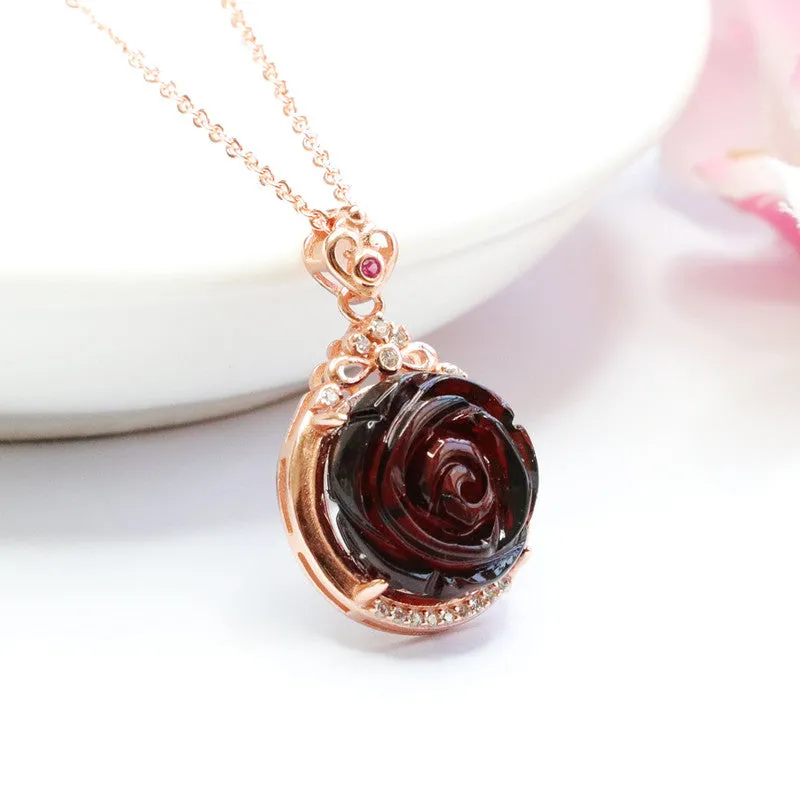 Natural Amber Rose Gold Necklace with Sterling Silver Pendant