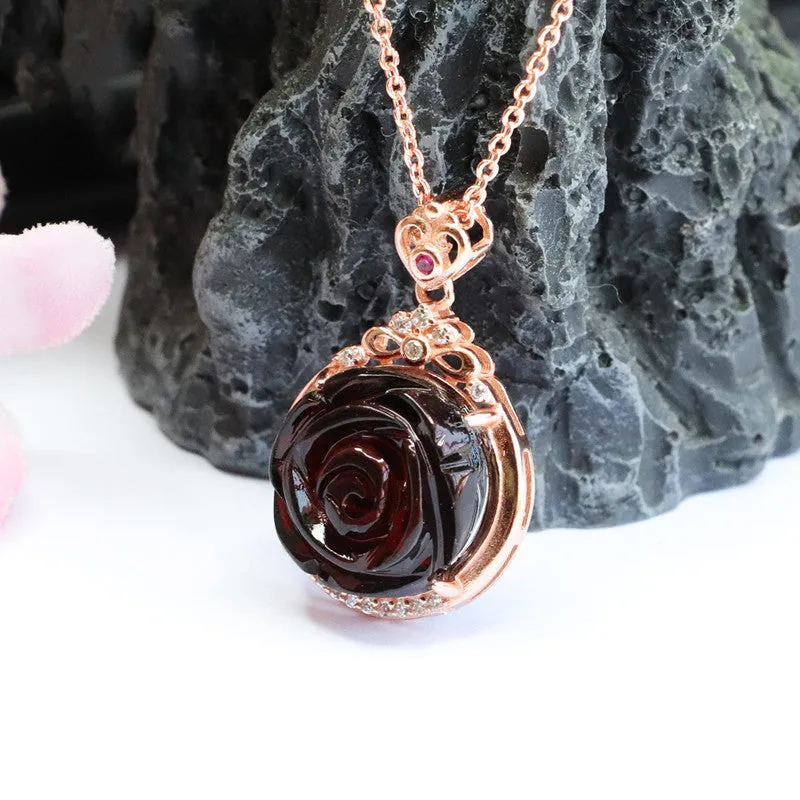 Natural Amber Rose Gold Necklace with Sterling Silver Pendant