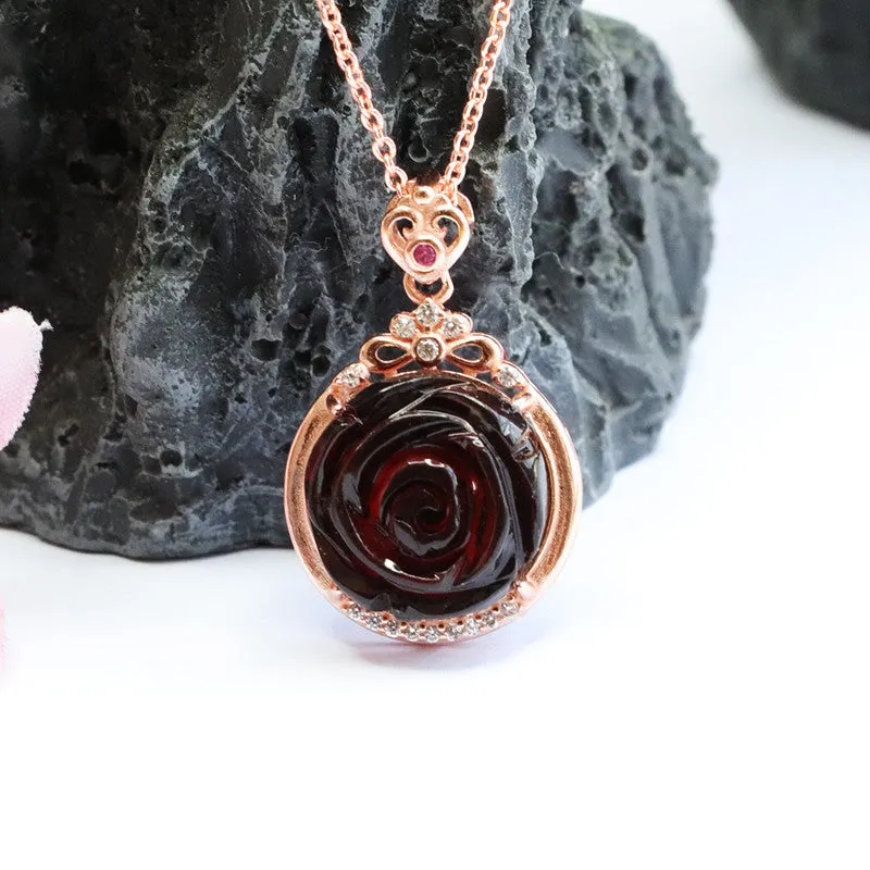 Natural Amber Rose Gold Necklace with Sterling Silver Pendant