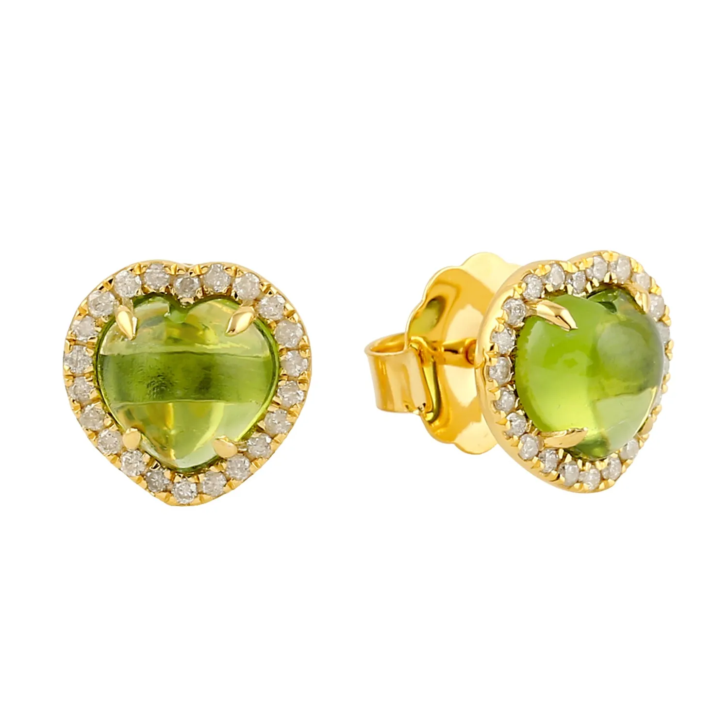 Natural Peridot Heart Shaped Diamond Stud Earrings In 14k Yellow Gold Fine Jewelry