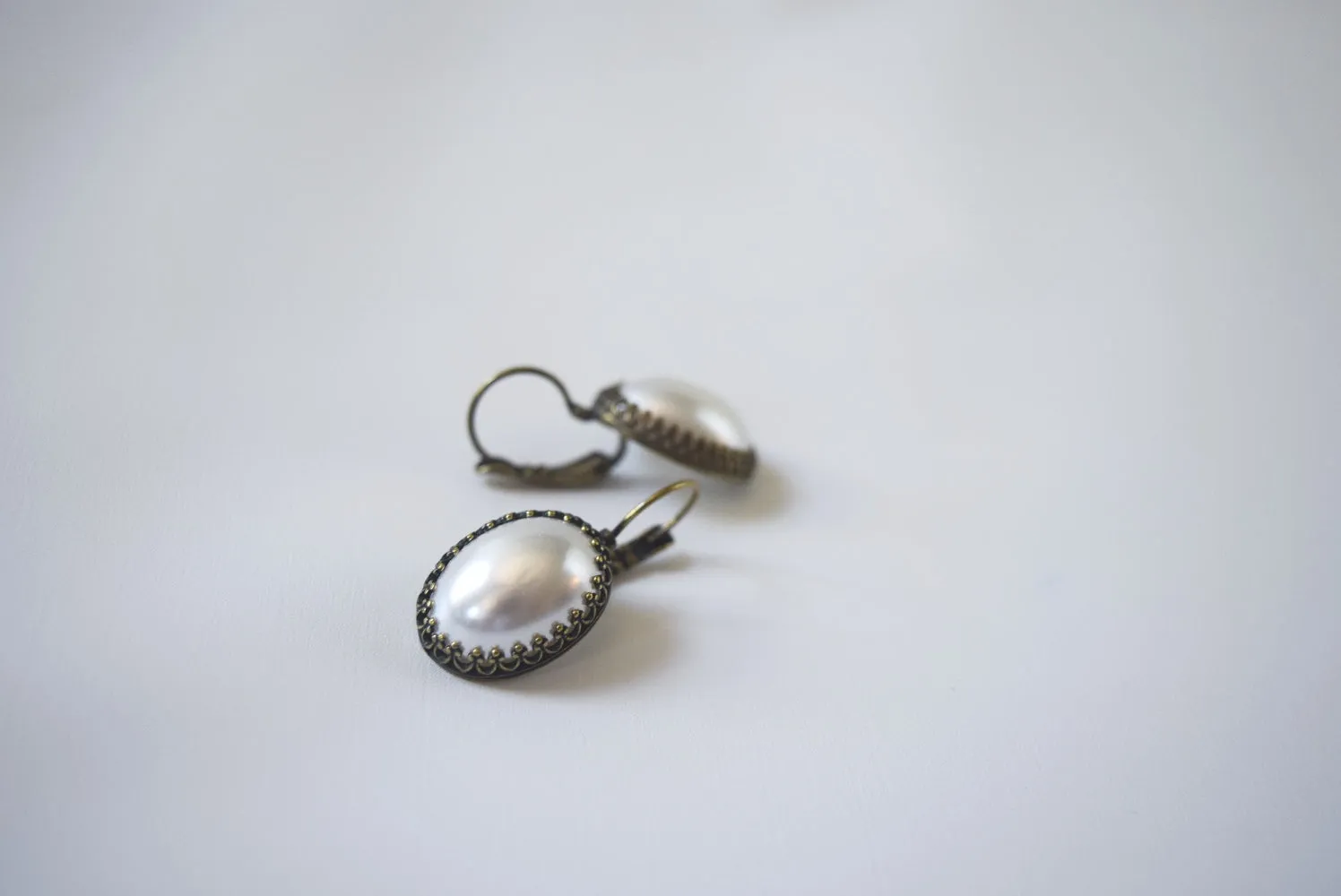 Pearl Cabochon Earrings with Crown Settings - Large Oval