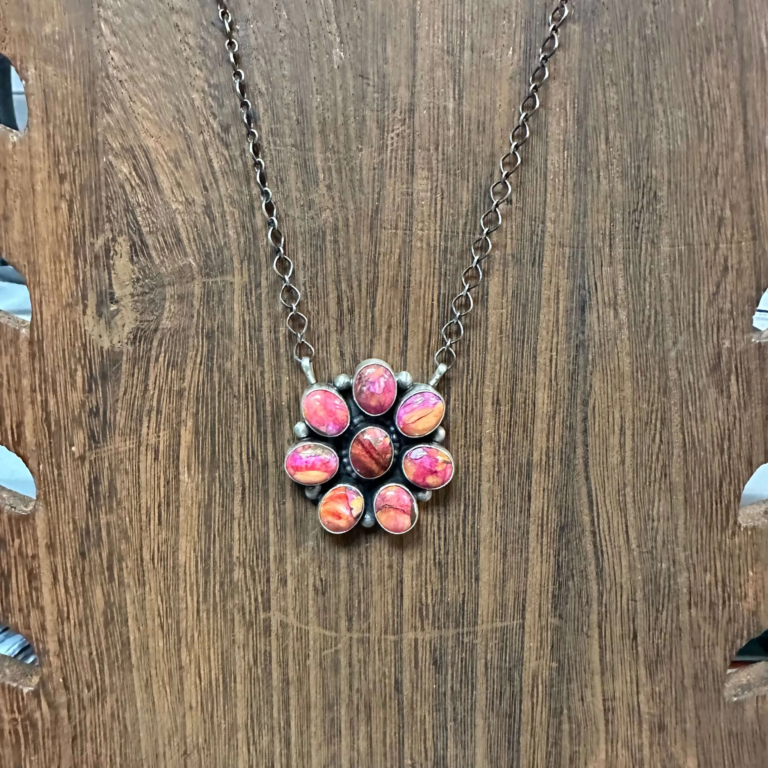 Pink Dahlia Cluster with Detail Genuine Necklace