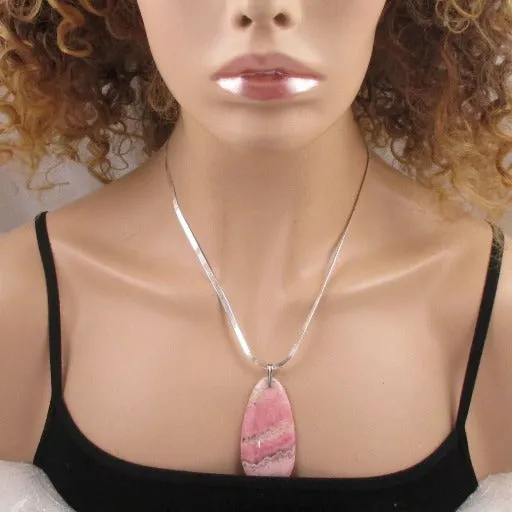 Pink Rhodonite Gemstone Pendant on Silver Chain Necklace