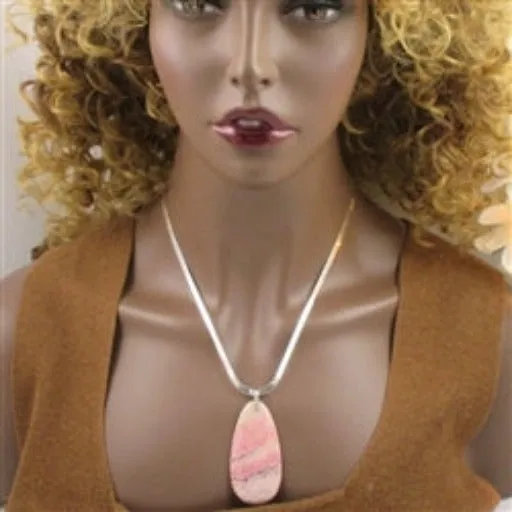 Pink Rhodonite Gemstone Pendant on Silver Chain Necklace