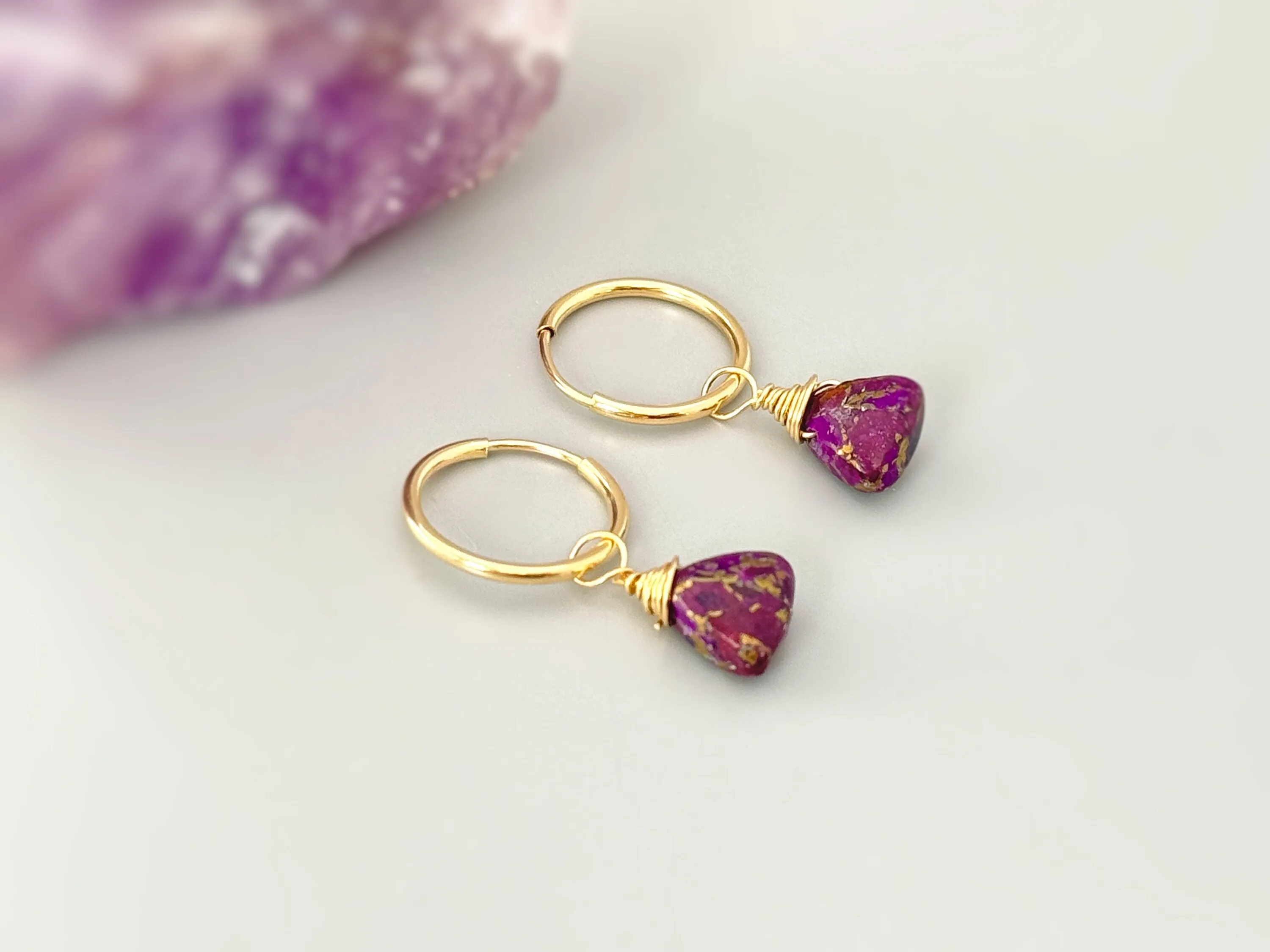 Purple Copper Turquoise Earrings Dangle Huggie Hoops