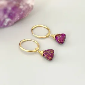 Purple Copper Turquoise Earrings Dangle Huggie Hoops