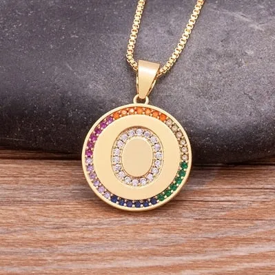 Rainbow coin necklace with initial A-Z for Women and Men in Gold Color