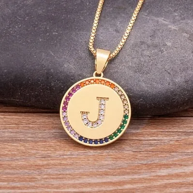 Rainbow coin necklace with initial A-Z for Women and Men in Gold Color