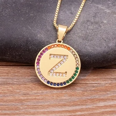 Rainbow coin necklace with initial A-Z for Women and Men in Gold Color