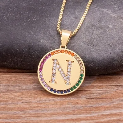 Rainbow coin necklace with initial A-Z for Women and Men in Gold Color