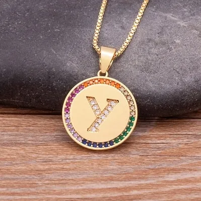 Rainbow coin necklace with initial A-Z for Women and Men in Gold Color