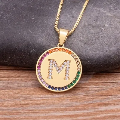 Rainbow coin necklace with initial A-Z for Women and Men in Gold Color