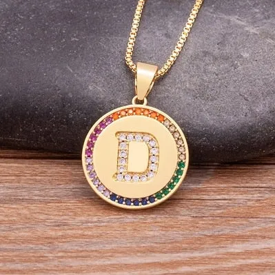 Rainbow coin necklace with initial A-Z for Women and Men in Gold Color