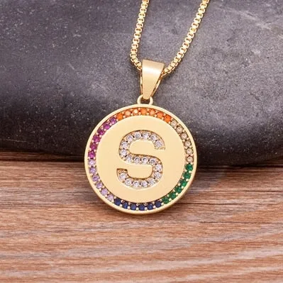 Rainbow coin necklace with initial A-Z for Women and Men in Gold Color