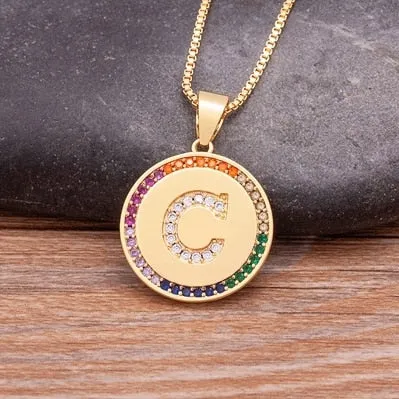 Rainbow coin necklace with initial A-Z for Women and Men in Gold Color