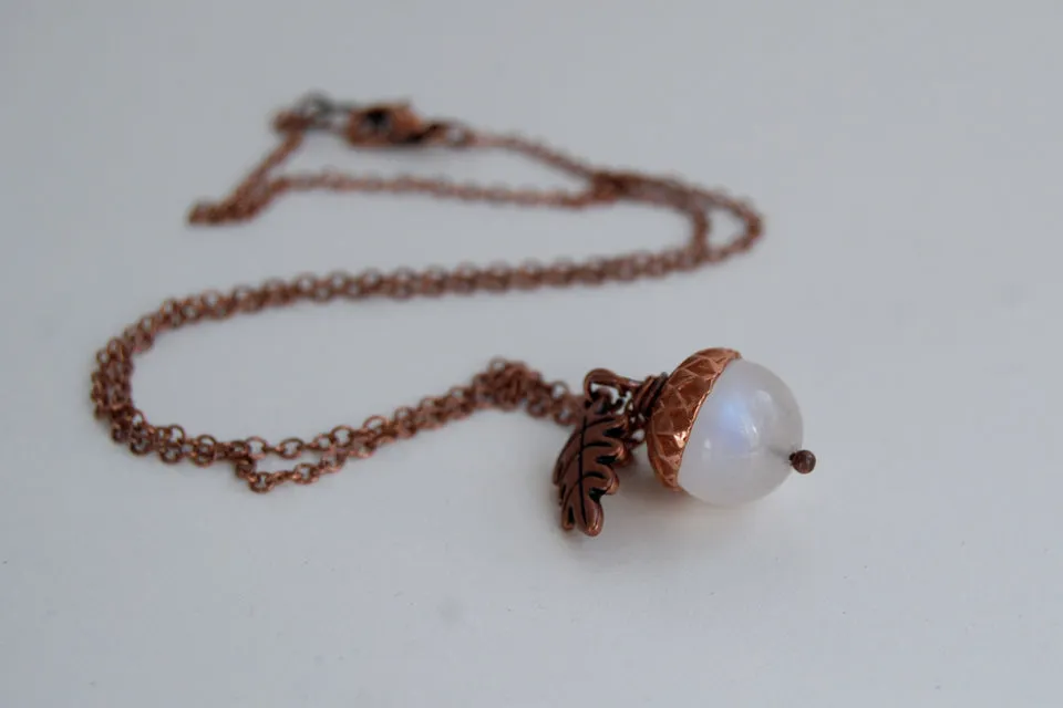 Rainbow Moonstone and Copper Acorn Necklace | Cute Nature Acorn Charm Necklace | Fall Acorn Necklace | Woodland Gemstone Acorn | Nature Jewelry