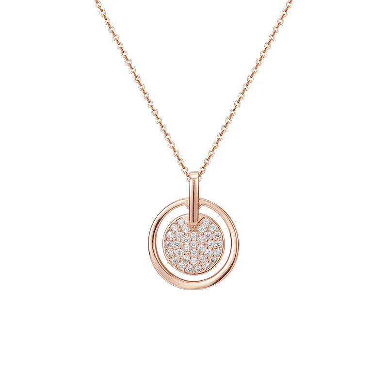 Round Full Zircon Circle Pendant Silver Necklace for Women